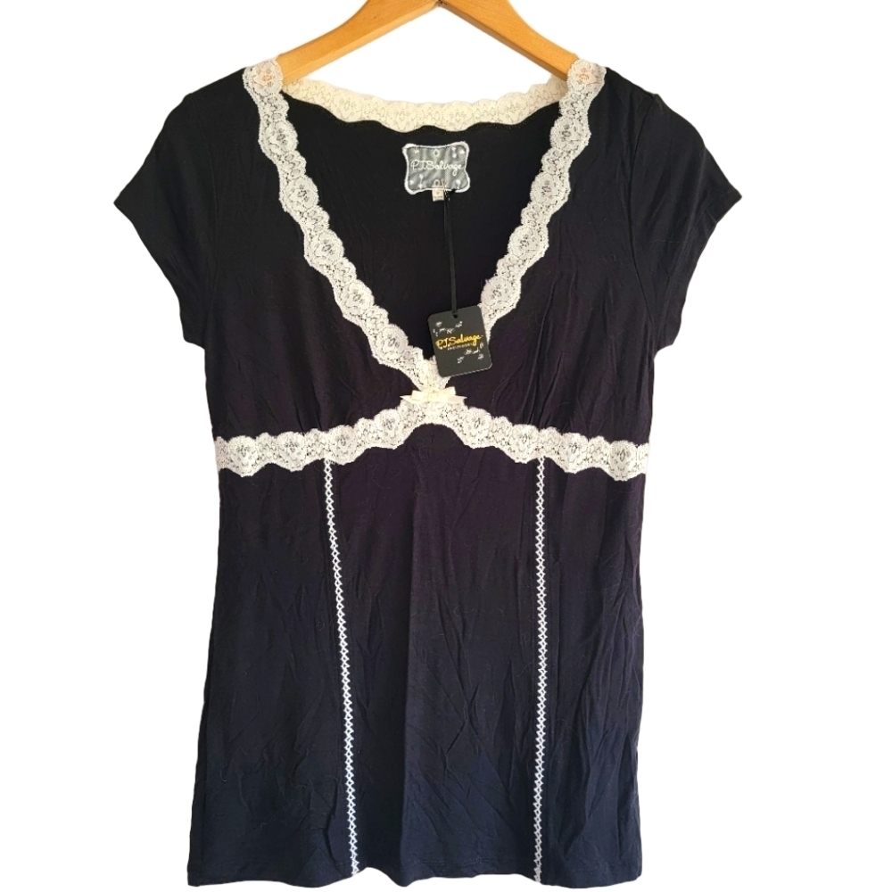 PJ Salvage Modal Blend Black Tee Top Off White Lace Lounge Medium